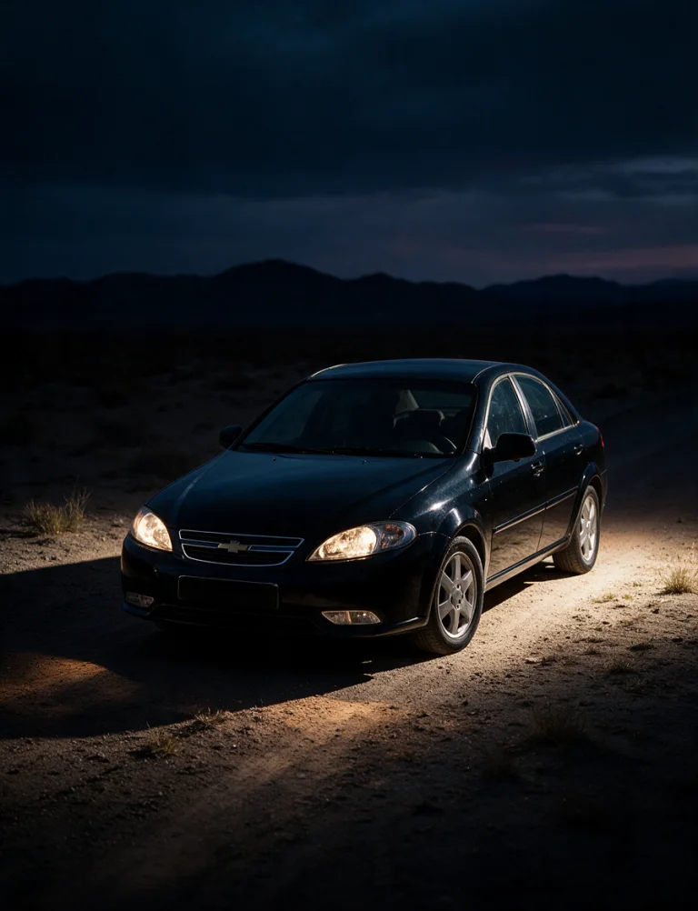 A black sedan lit by its headlights on a desert road at blue hour