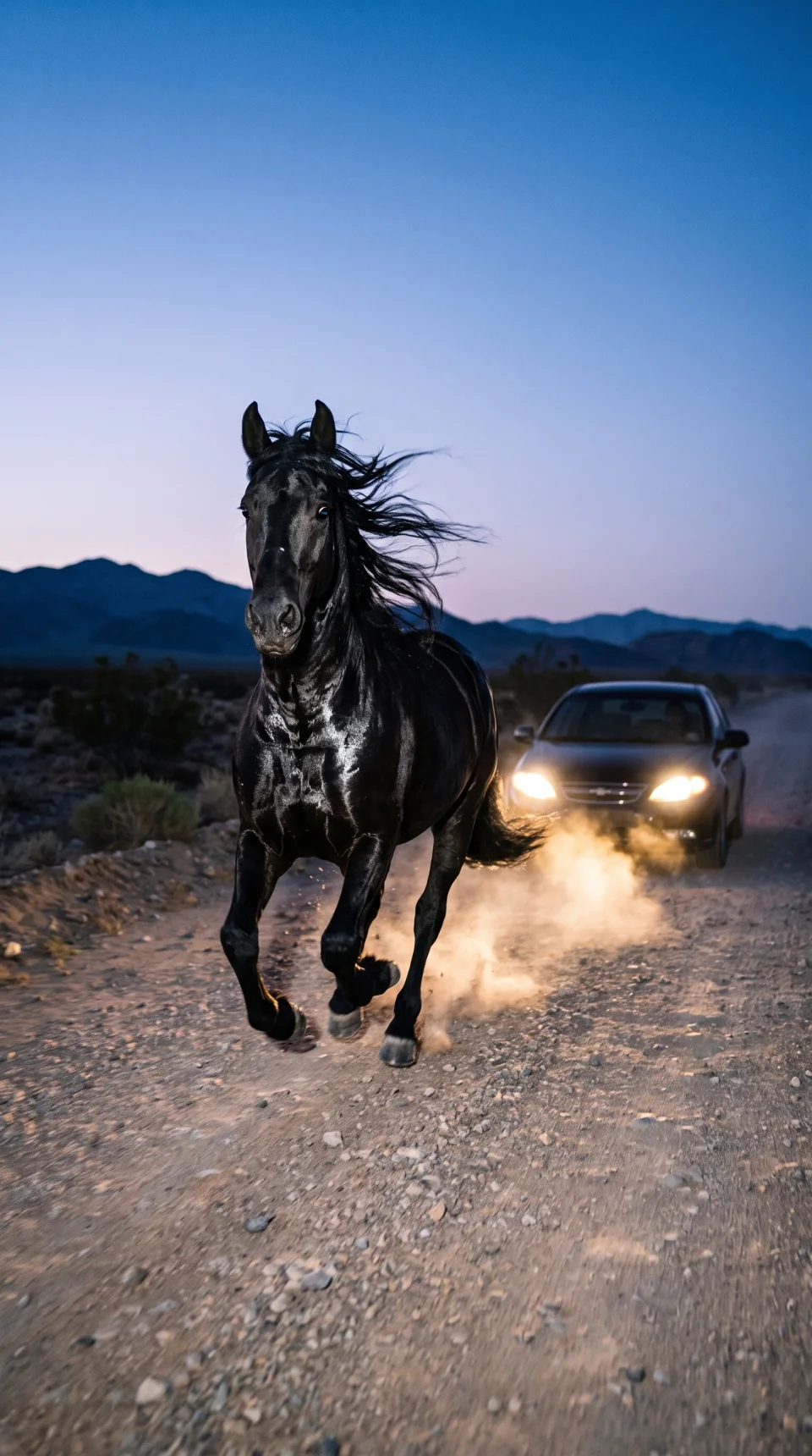 A glossy black horse galloping ahead of a black sedan on a desert road at blue hour