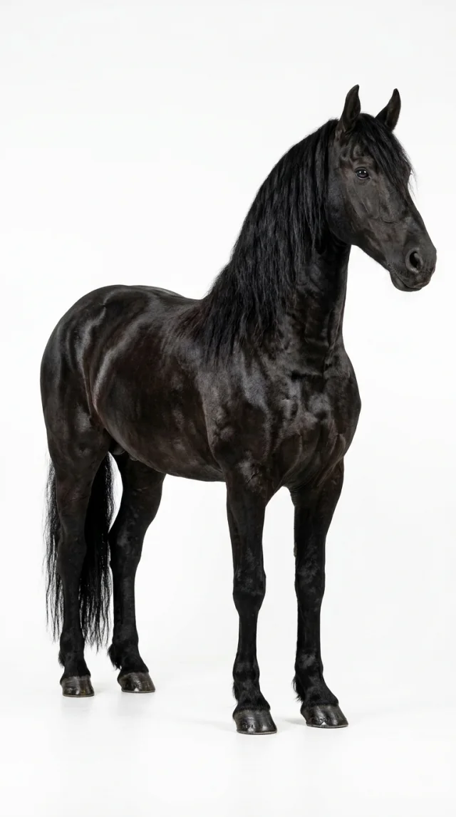 A glossy black horse standing on a pure white studio background